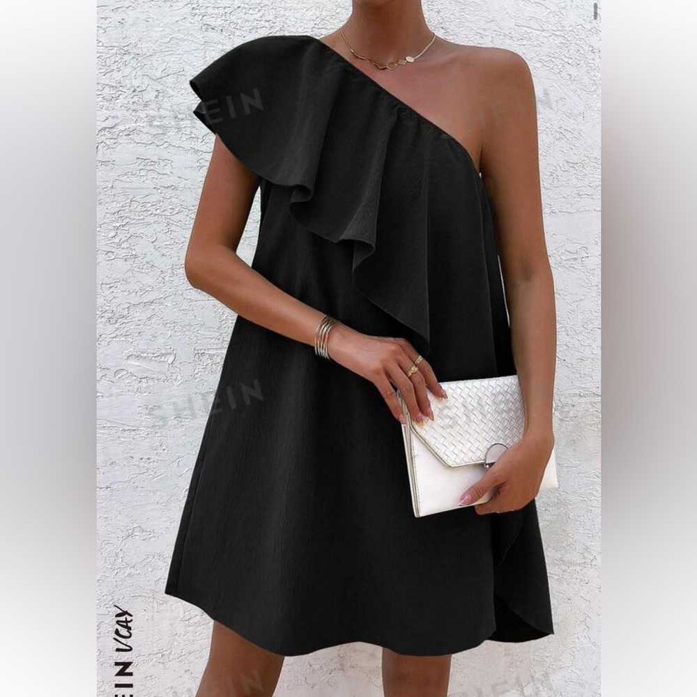 One shoulder, ruffle trim dress